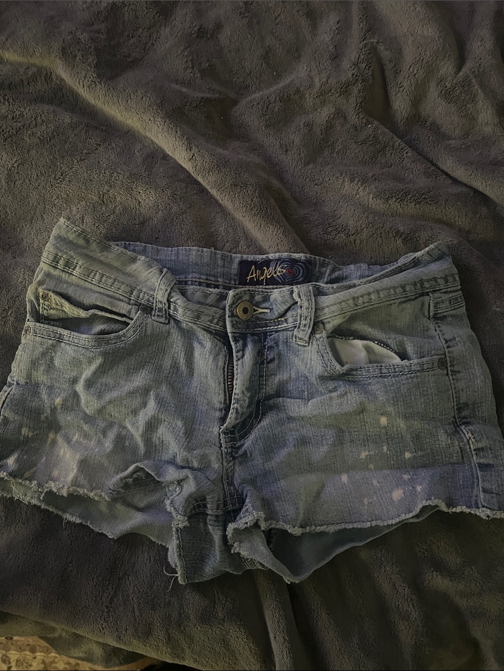 Angels Light Blue Distressed Jean Cutoff Shorts with Paint-Splatter